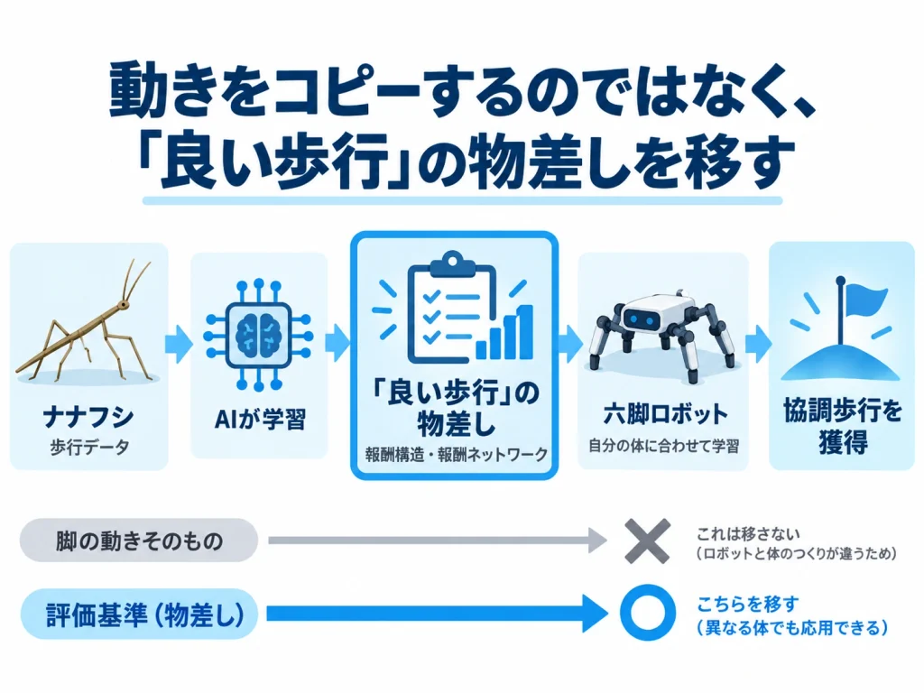 ナナフシの歩行データからAIが良い歩行の物差しを学び、六脚ロボットが自分の体に合わせて協調歩行を学習する流れを示した図