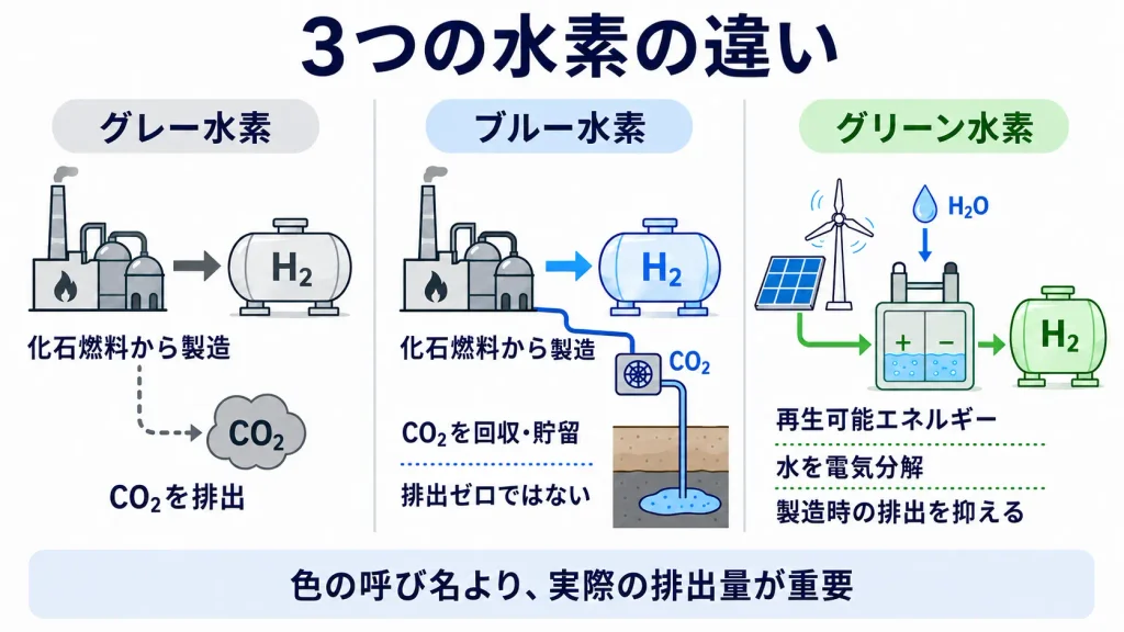 グレー水素、ブルー水素、グリーン水素の原料と二酸化炭素排出の違い