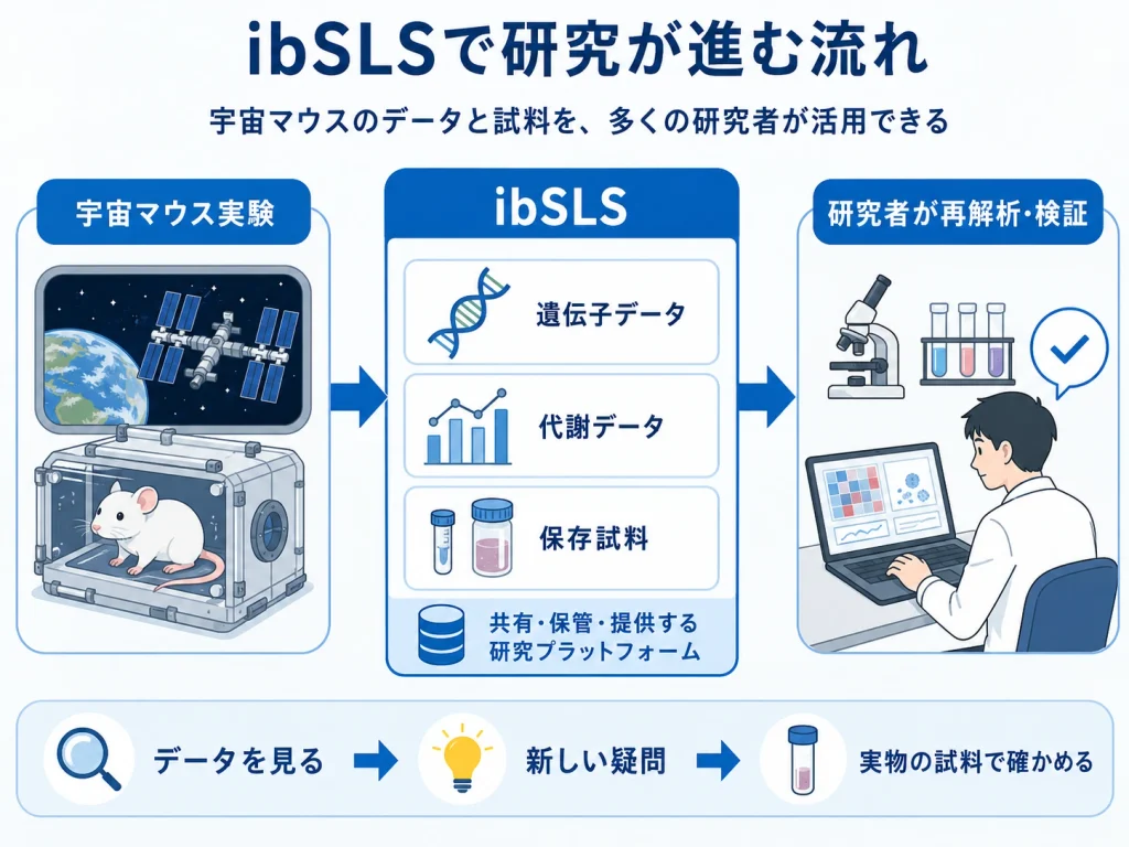 宇宙マウス実験のデータと試料をibSLSで共有し、研究者が再解析・検証する流れ
