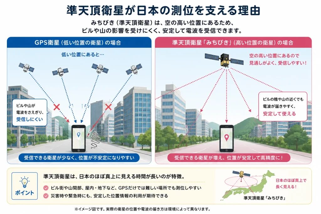 準天頂衛星「みちびき」が高い位置から電波を届けることで、ビルや山の影響を受けにくく日本の測位を支える仕組みを示した図解 