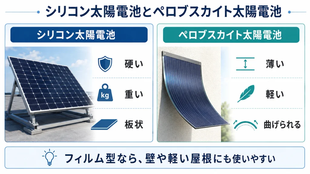 シリコン太陽電池とペロブスカイト太陽電池の特徴比較図