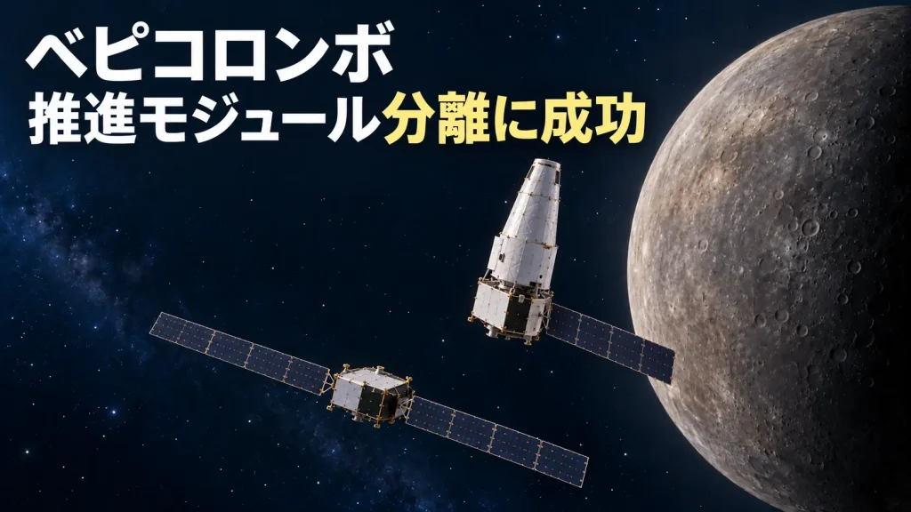 水星を背景に、2枚の長い太陽電池翼を持つMTMが、MPOとサンシールド内の「みお」からなる結合機から分離した様子を描いたイメージ画像。