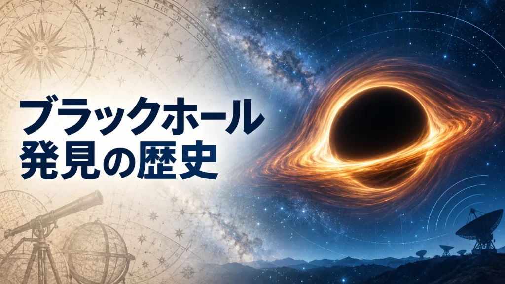 古い星図から現代の電波望遠鏡へ続く、ブラックホール発見の歴史を表したイラスト