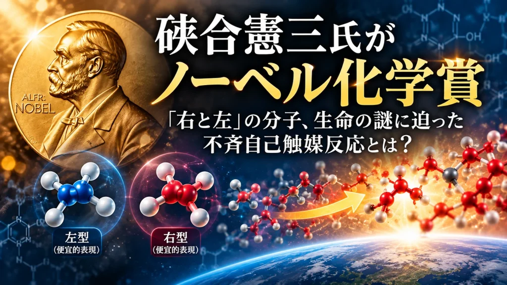 ノーベル化学賞と分子の左右差、不斉自己触媒反応を表したイメージ