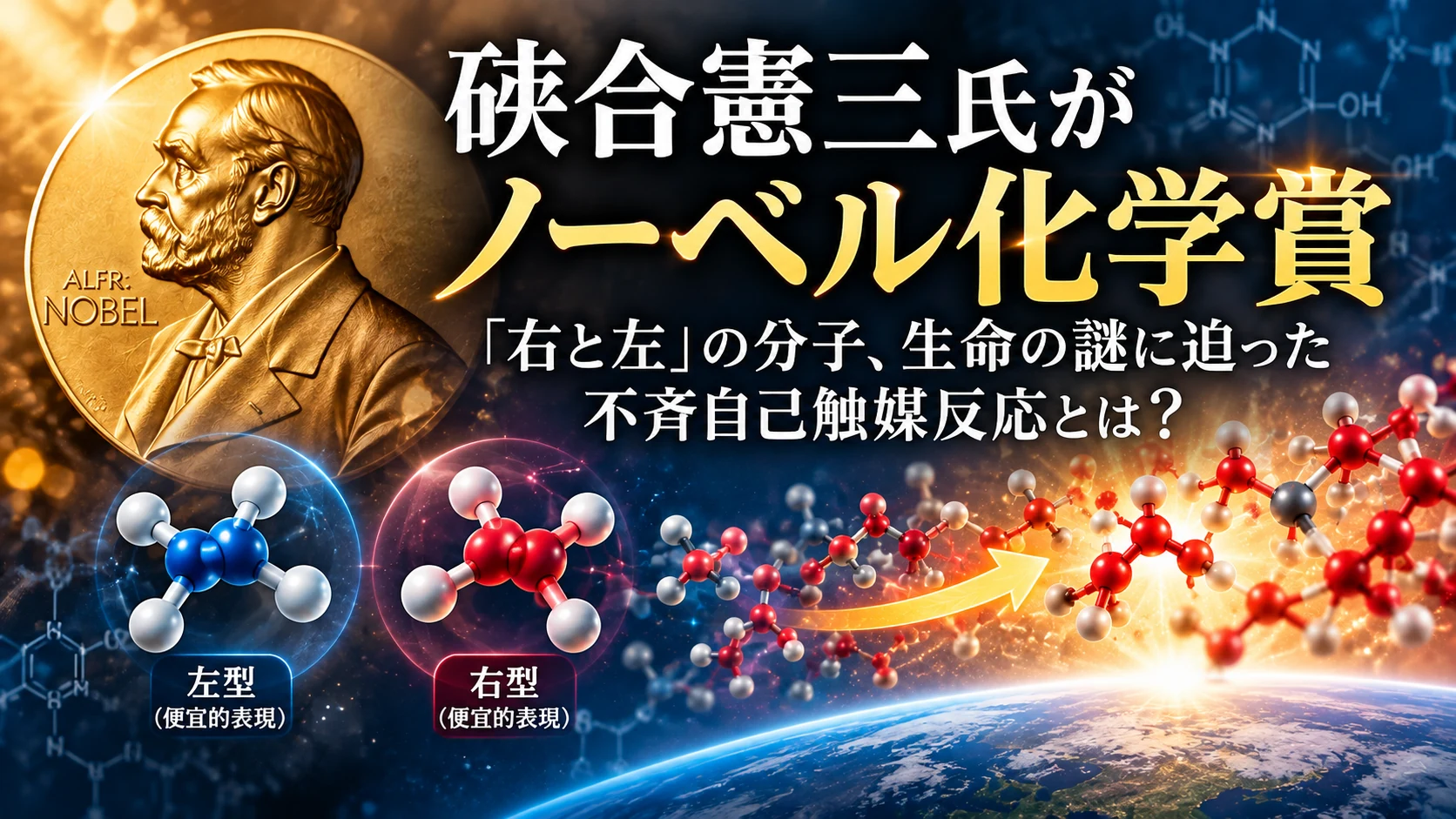 ノーベル化学賞と分子の左右差、不斉自己触媒反応を表したイメージ
